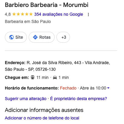 Ficha do Google da unidade Morumbi pedindo para adicionar o número de telefone